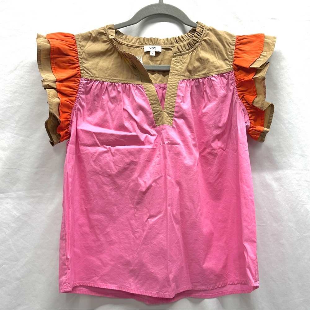 TOY Pink and Orange Ruffle Sleeve Blouse